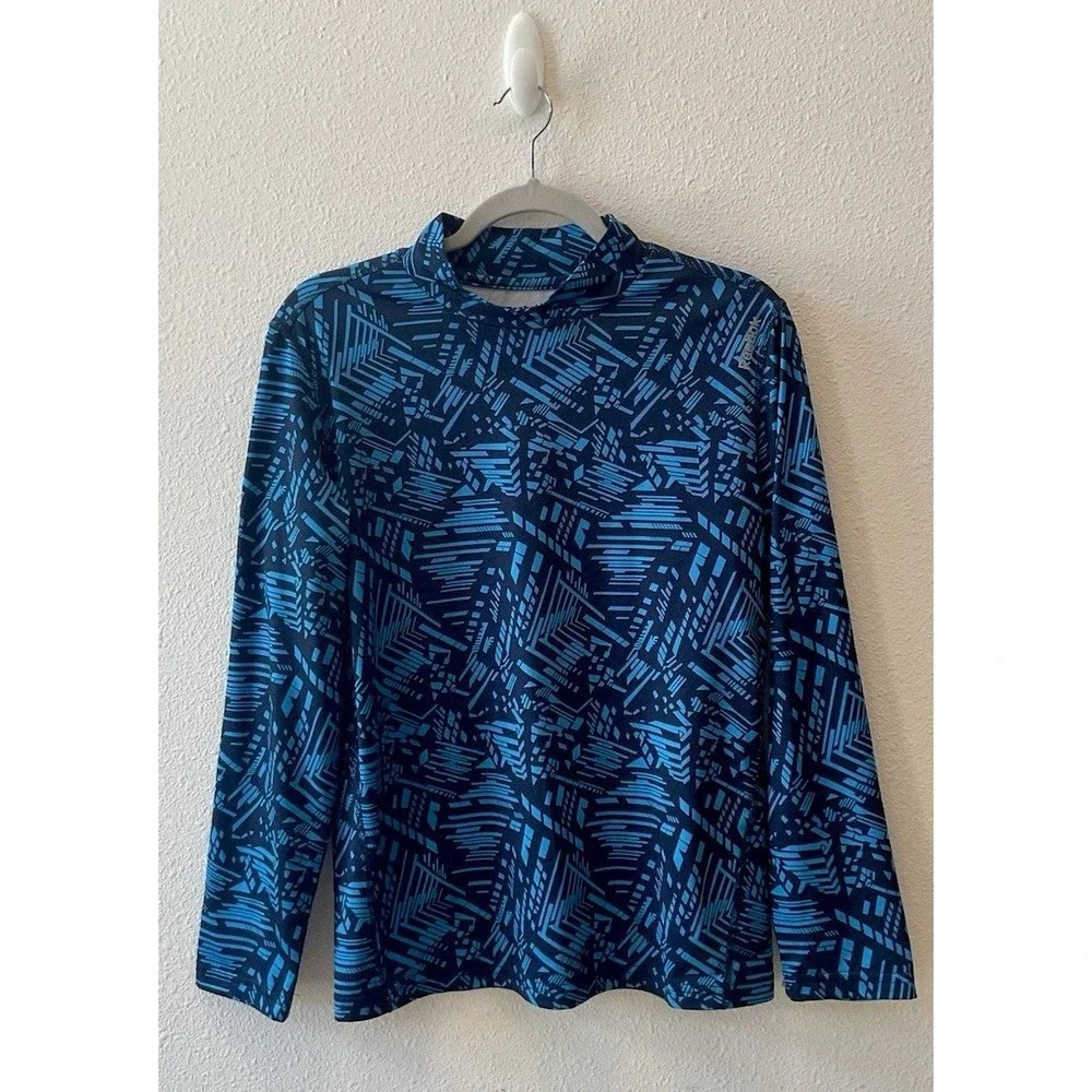 Reebok Playdry Blue Geometric Pattern Mockneck‎ Athletic Top Large